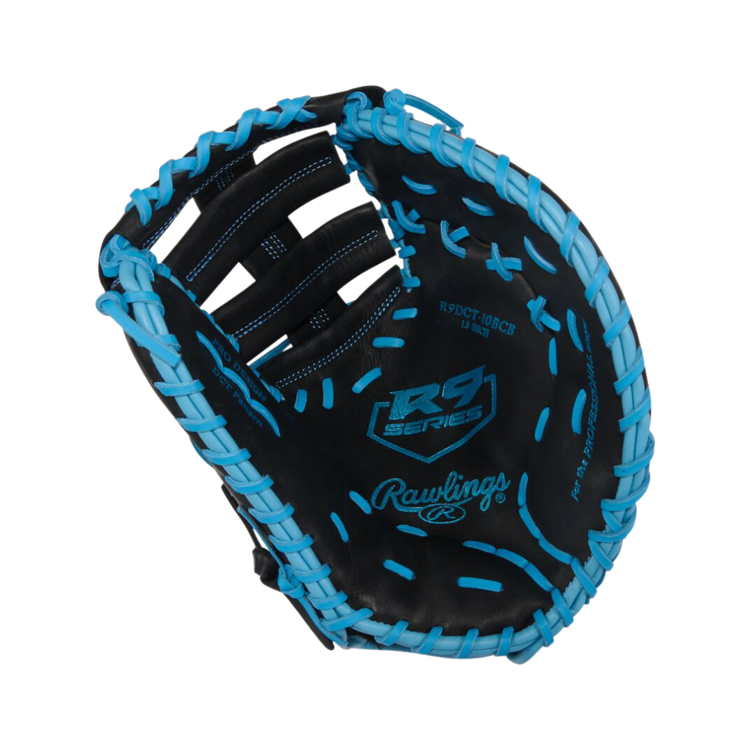 Image of Rawlings R9 Series First Base Mitt Left Hand Thrower 13'' (Black/Columbia Blue)