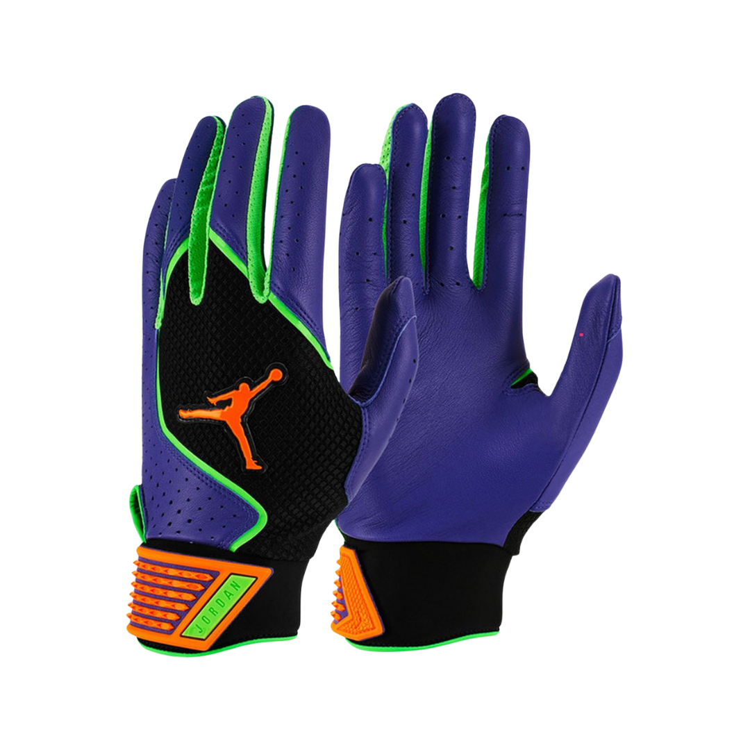 Image of Nike Adults Jordan Fly Elite Batting Gloves (Purple/Black/Neon Green)
