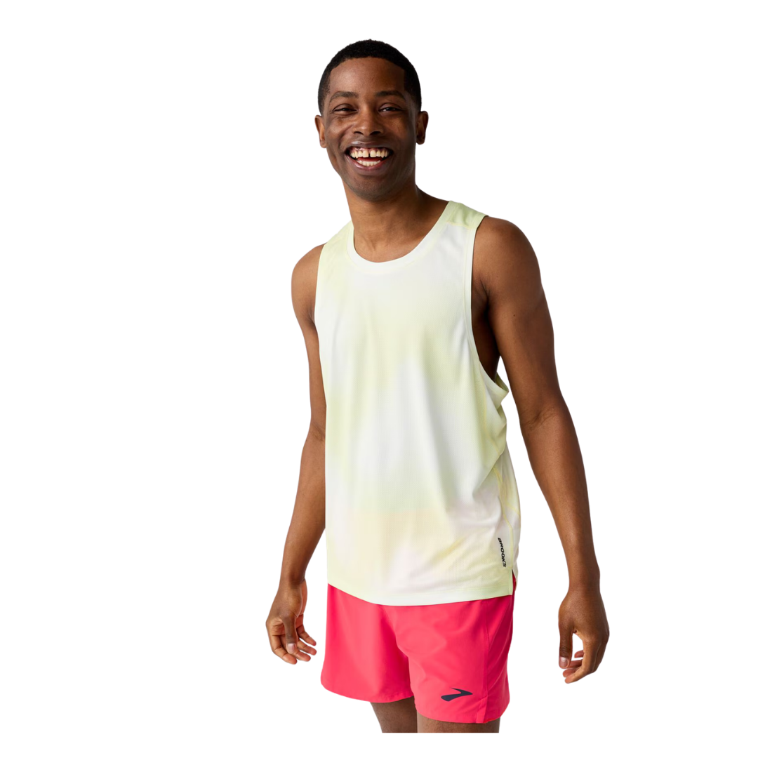 Brooks Man's Dash Singlet Printed Top (White/ Yellow)
