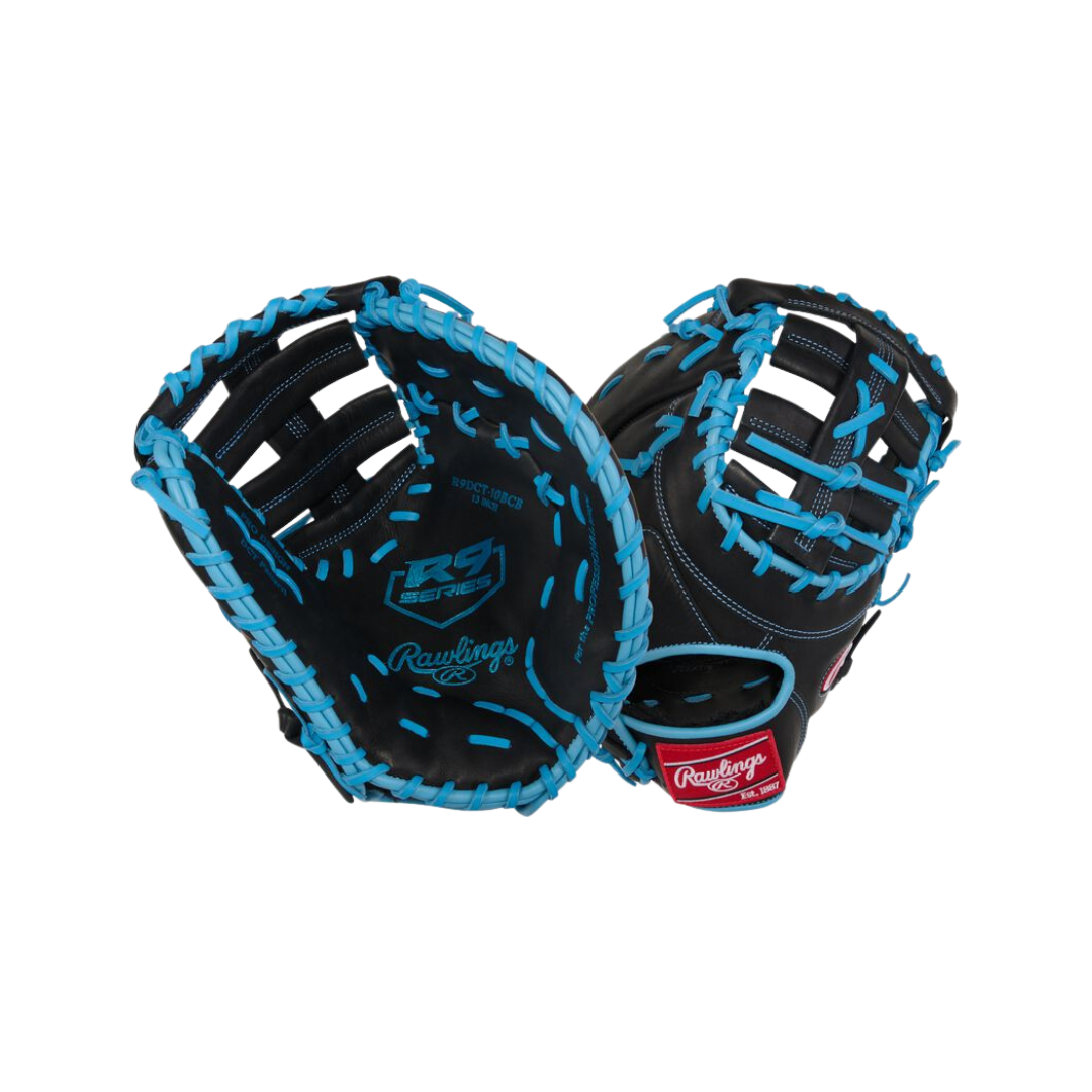 Image of Rawlings R9 Series First Base Mitt Left Hand Thrower 13'' (Black/Columbia Blue)
