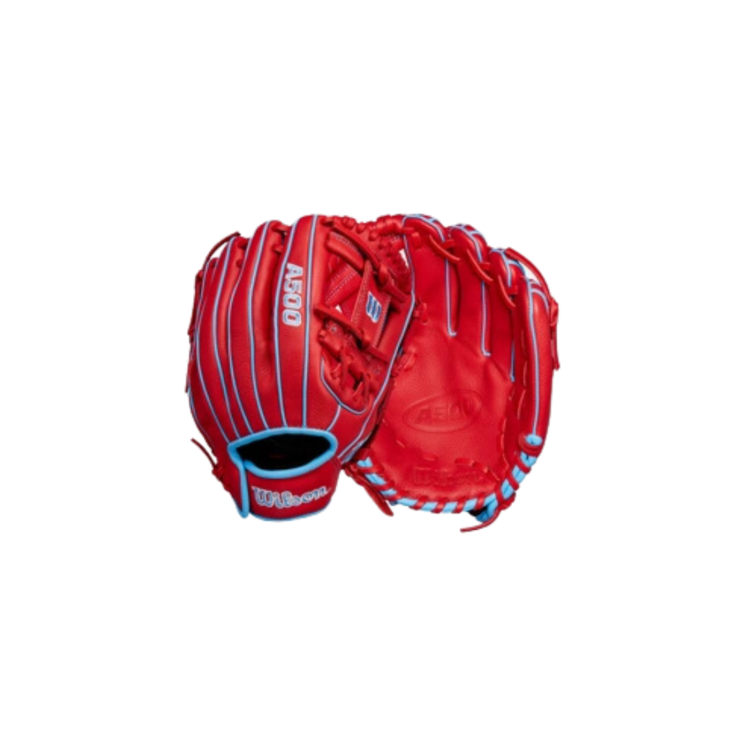 Image of Wilson A500 Youth Utility Glove Left Hand Thrower (Scarlet/Columbia Blue) 11.5